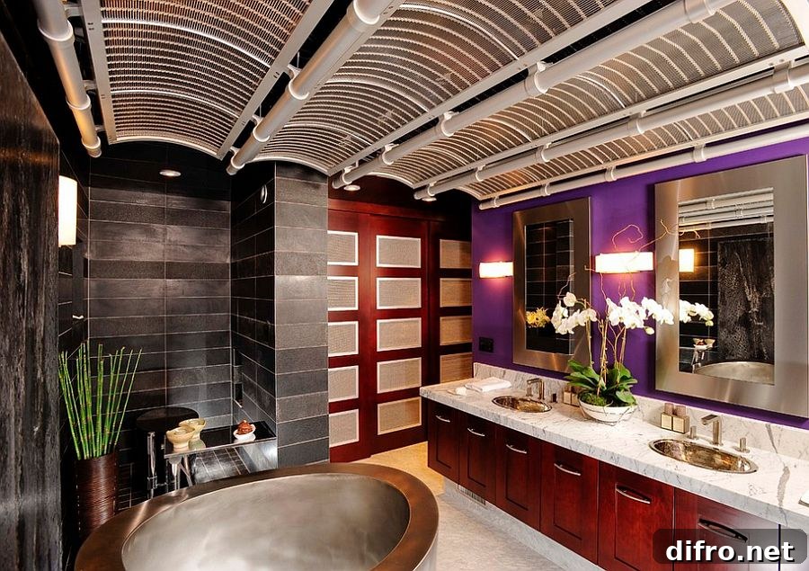 Spa-styled Asian bathroom with a splash of bright purple [Design: Danenberg Design]