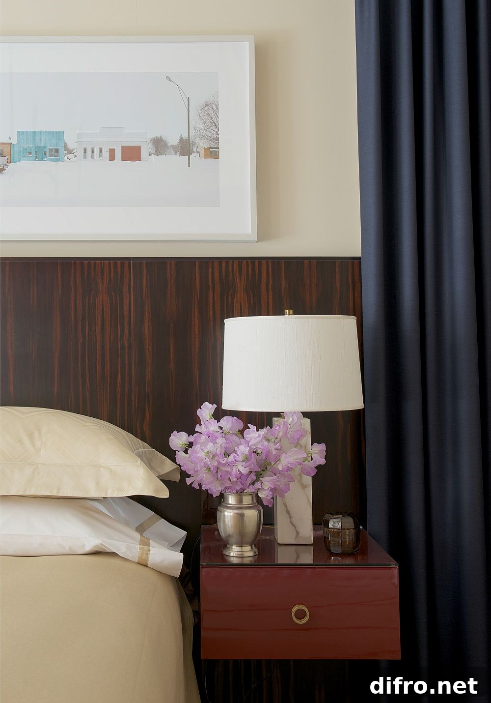 Floating bedside table design with a cool lamp