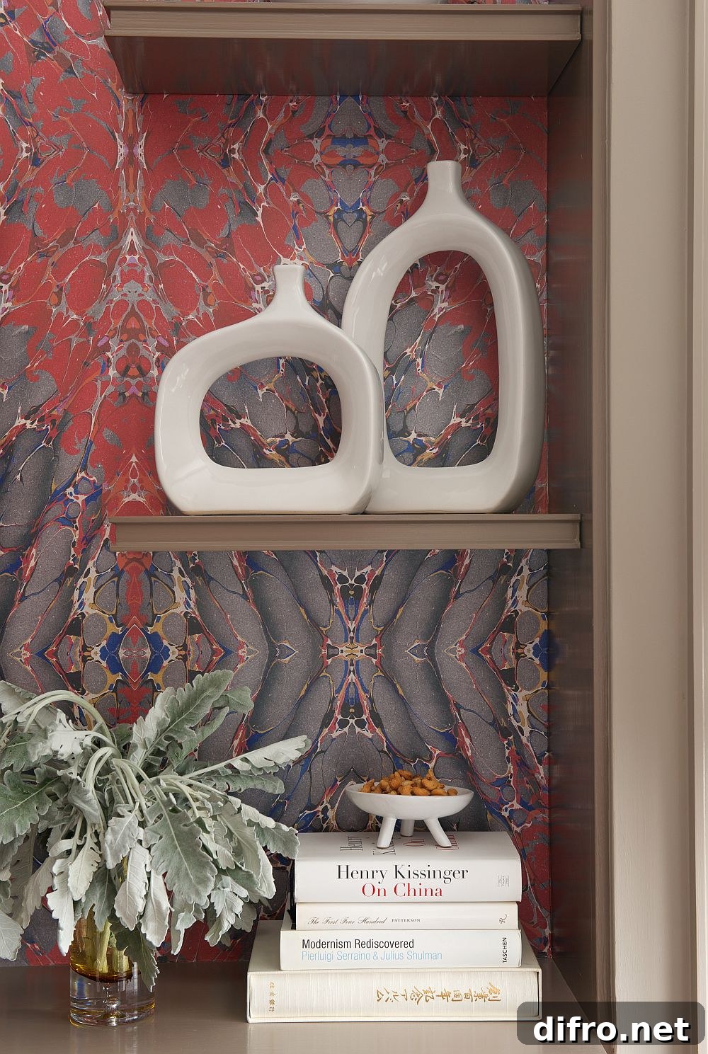 Sleek shelves and traditional decor add to the elegant interior