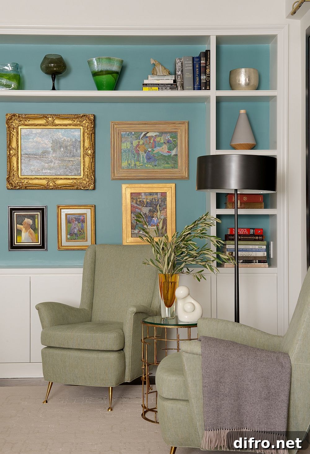 Gallery wall along with floating shelves creates a lovely display
