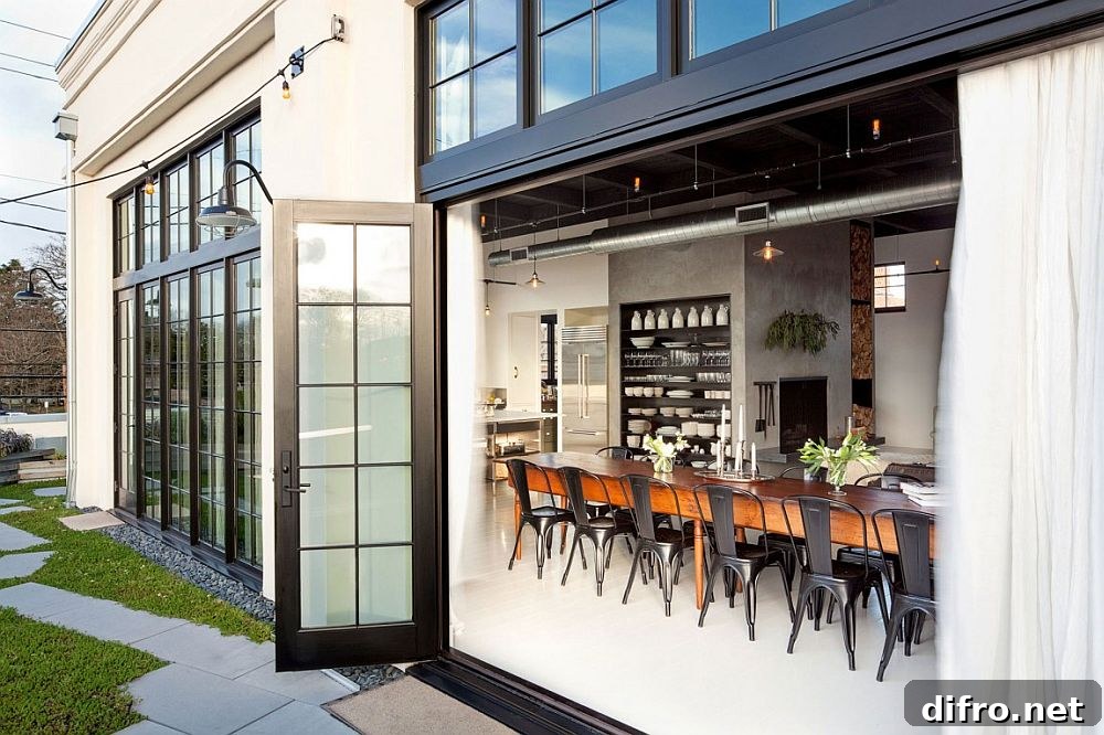 Industrial appeal of the home is accentuated by the large, framed glass doors