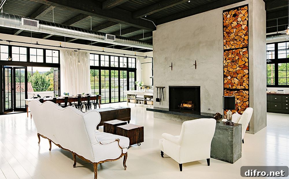 Open plan living area of the industrial home