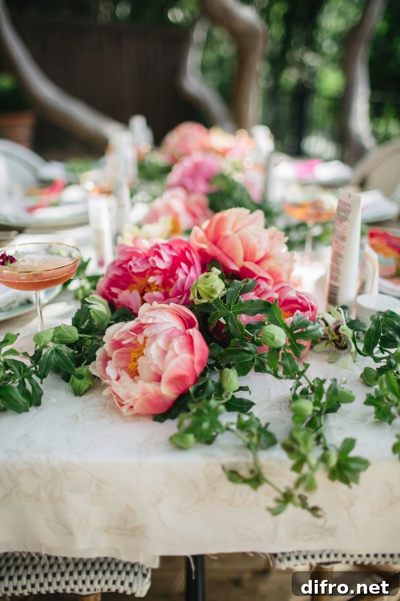 Floral table runner at an outdoor garden party