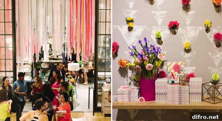 Colorful wall and ceiling accents at an Oh Joy! book party