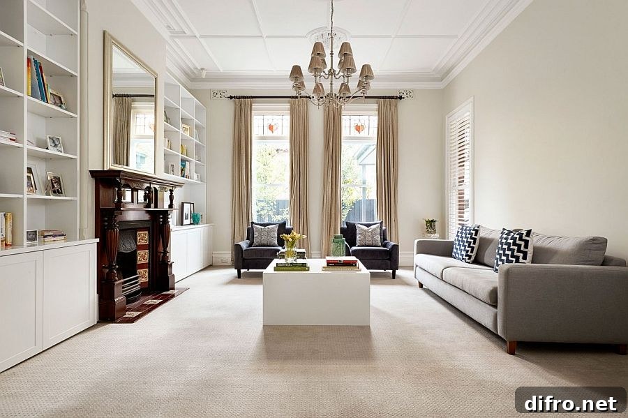 Traditional living room of the Melbourne home with ample natural light