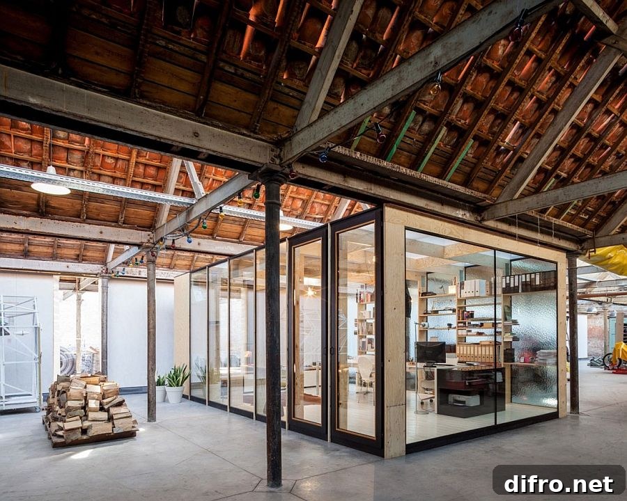 Cubic office structure offers visual connectivity with the space outside