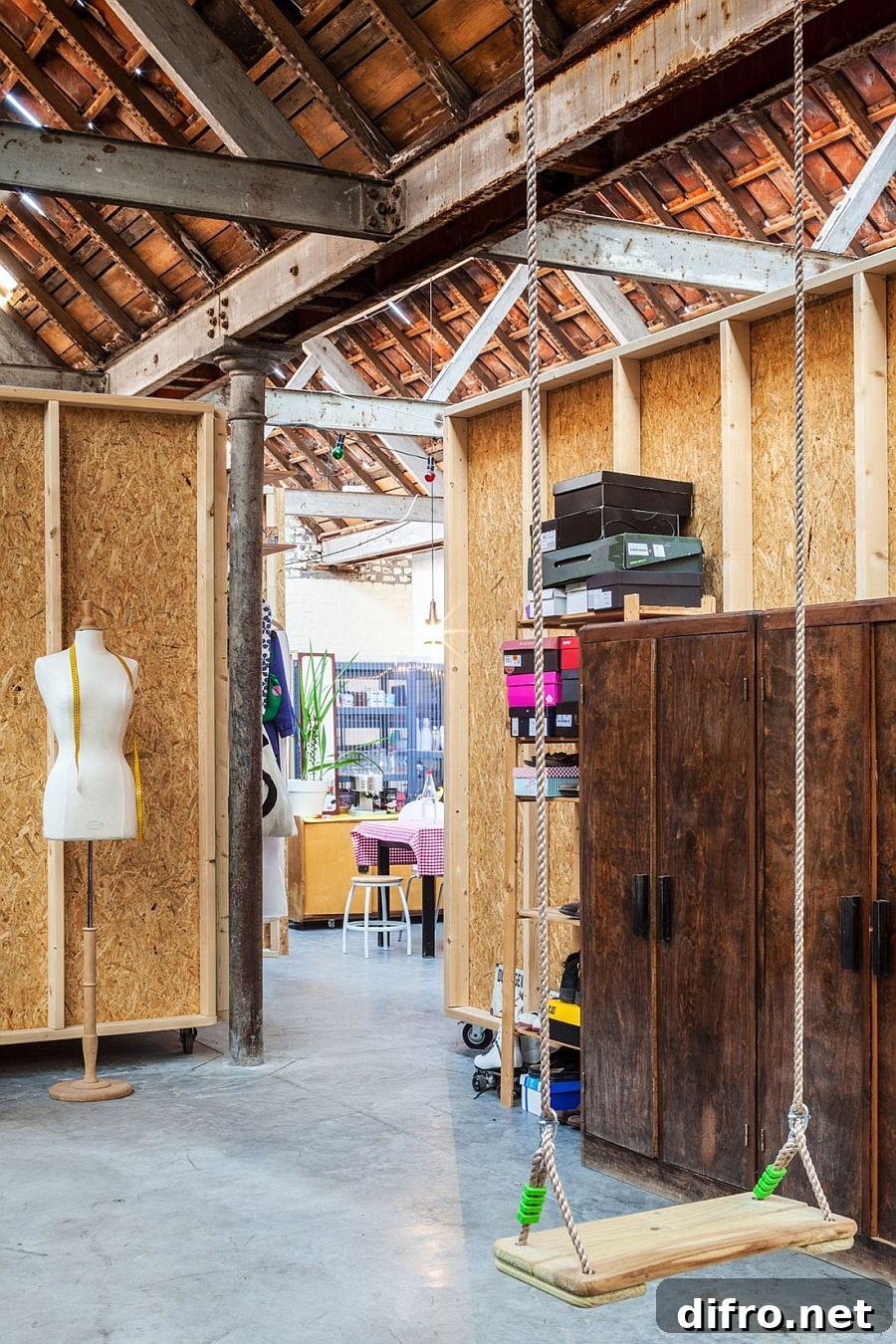 large wooden volumes contain the temporary living areas before final makeover