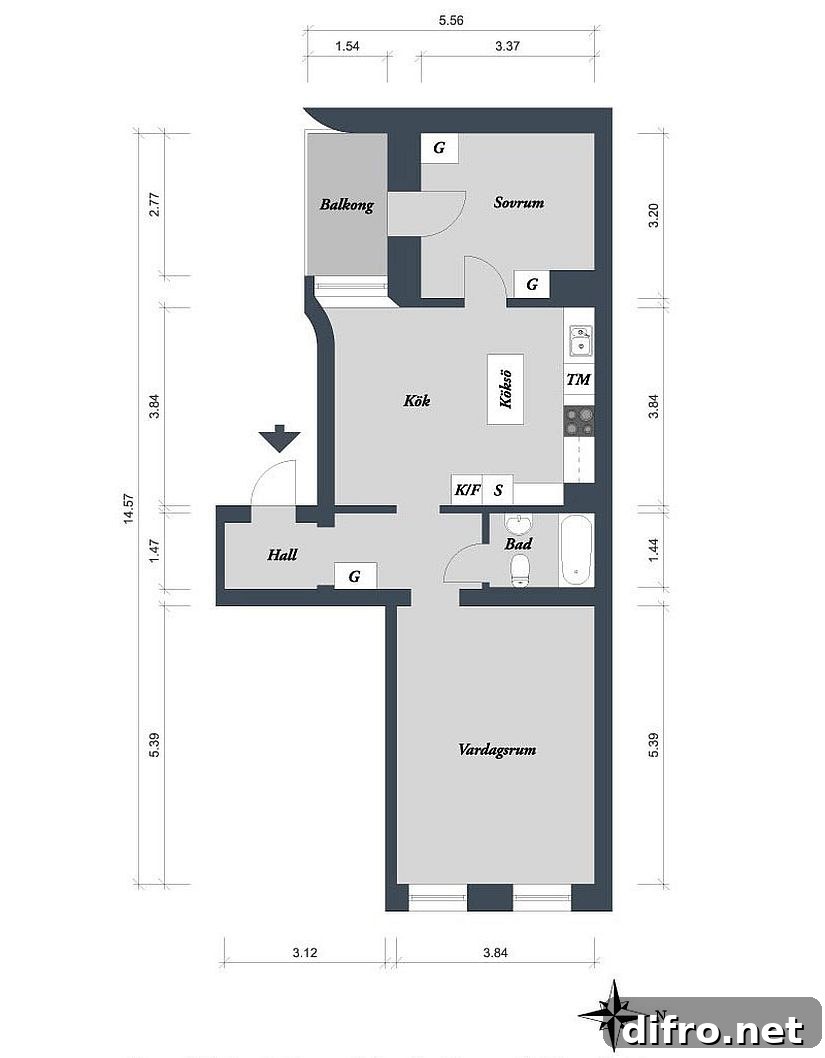Floor plan of the small Scandinavian apartment in Gothenburg, Sweden