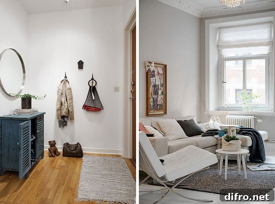 Entry and living space of modern Scandinavian apartment