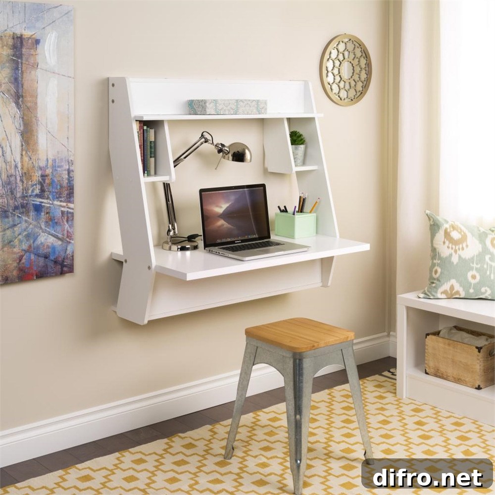 Prepac Studio Floating Desk in White with Yellow Pattern Rug