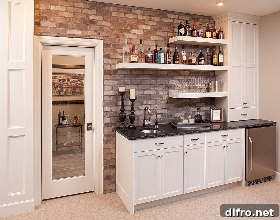 Elegant home bar with a brick wall backdrop and simple floating shelves [Design: Mingle Team]