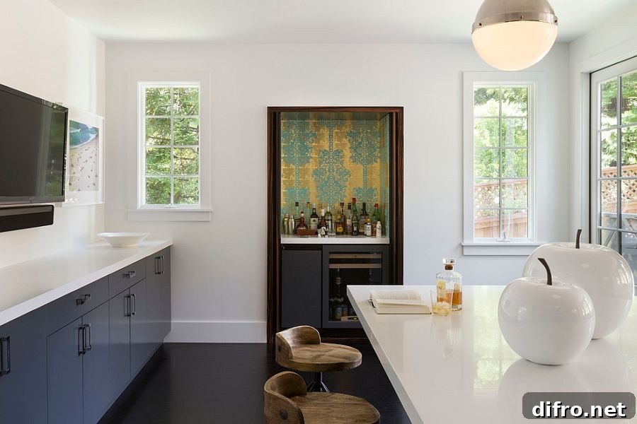 Monaco Wallpaper for the tiny home bar in the backdrop [Design: Ann Lowengart Interiors]
