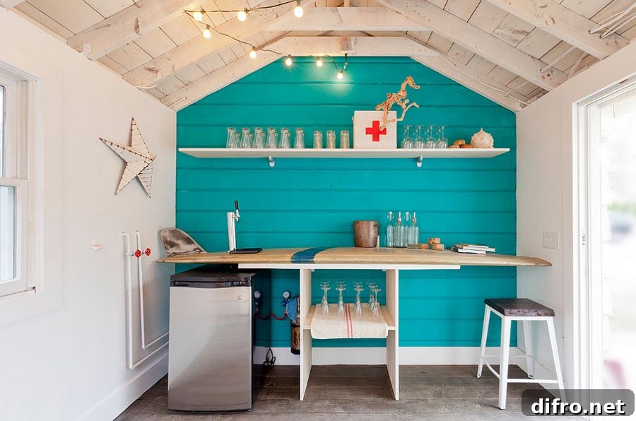 Surfboard bar in the small beach style shed captures the magic of lazy summer days [Design: Brunelleschi Construction]