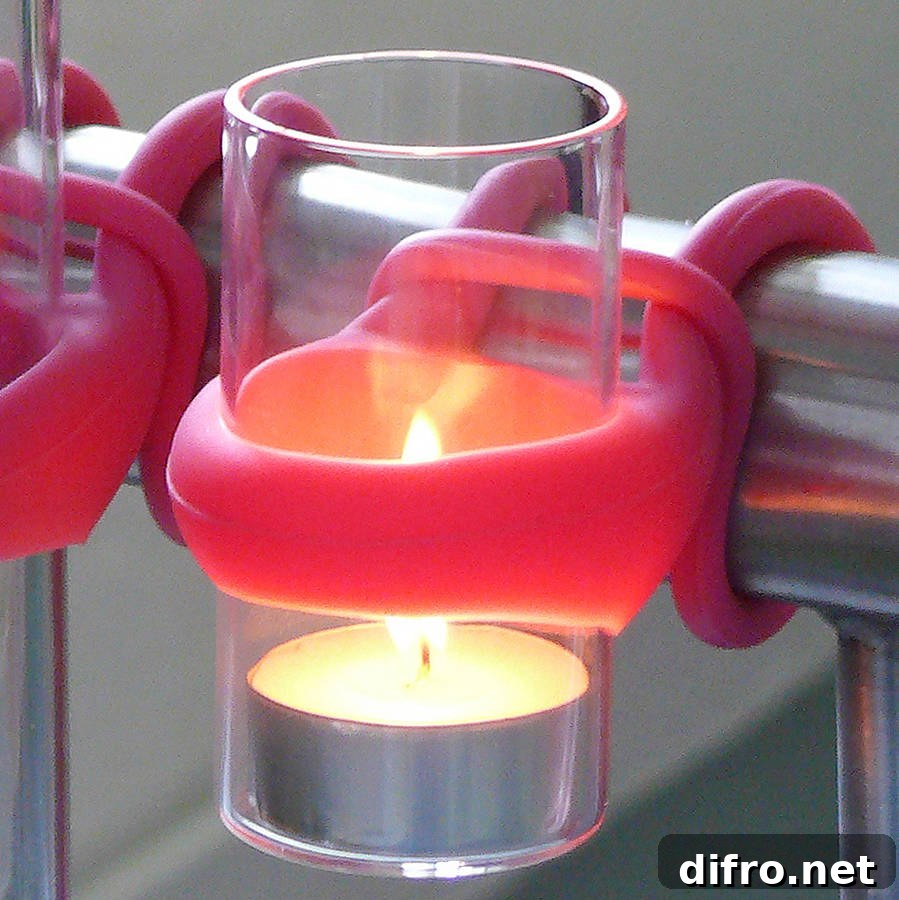 Pink holder to hang tea light candles on a balcony