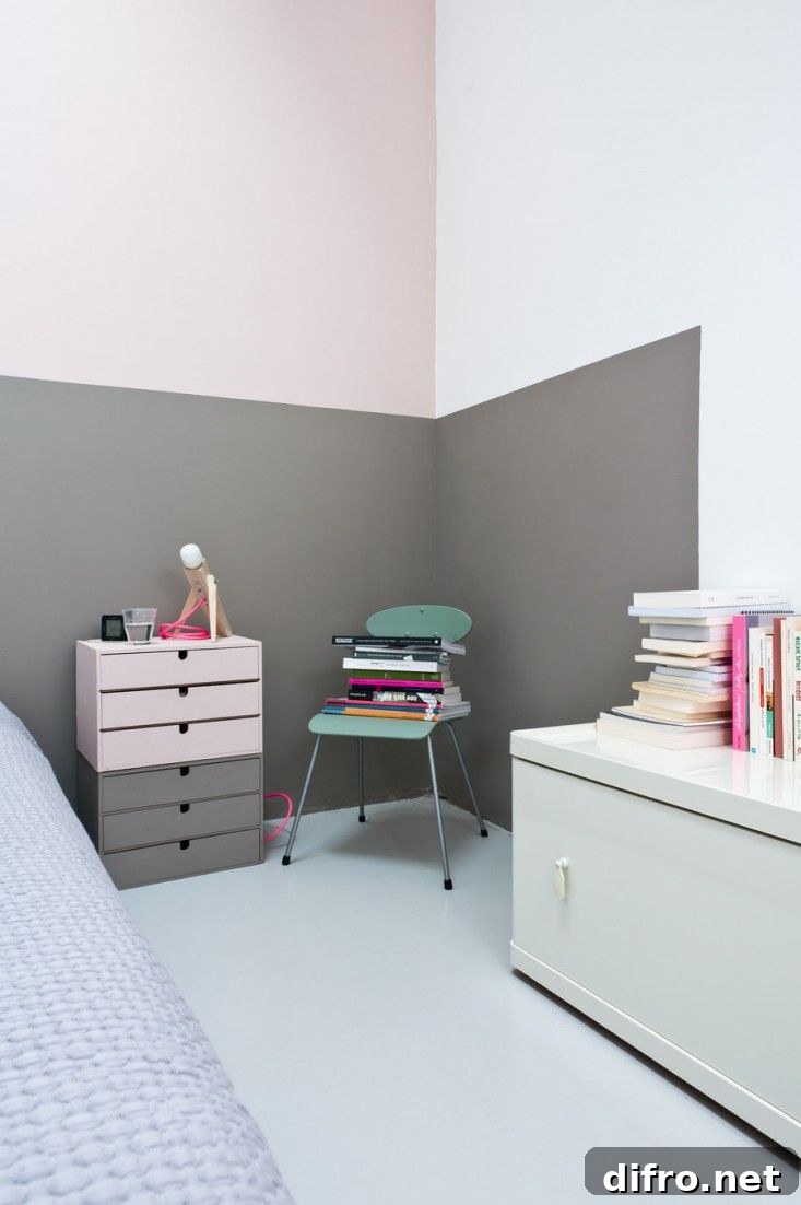 Walls painted halfway with gorgeous gray