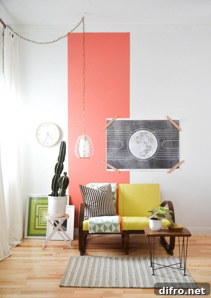 Pink rectangular shape painted on one area of wall