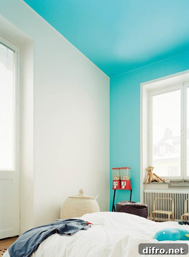 Bright blue color blocking on one wall and ceiling