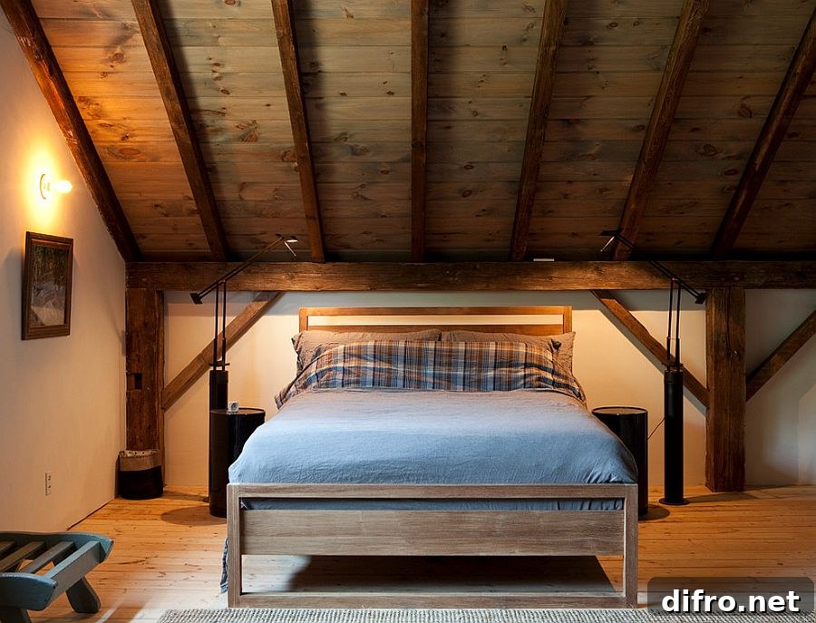 Stained wooden slanted ceiling adds to the rustic charm of the cozy bedroom