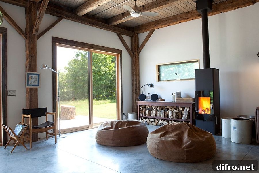 Grand Leather Bean Bag Chairs offer plush seating near the firplace