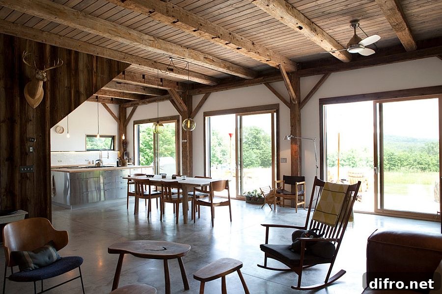 Rustic dining room design connected with the living space and kitchen