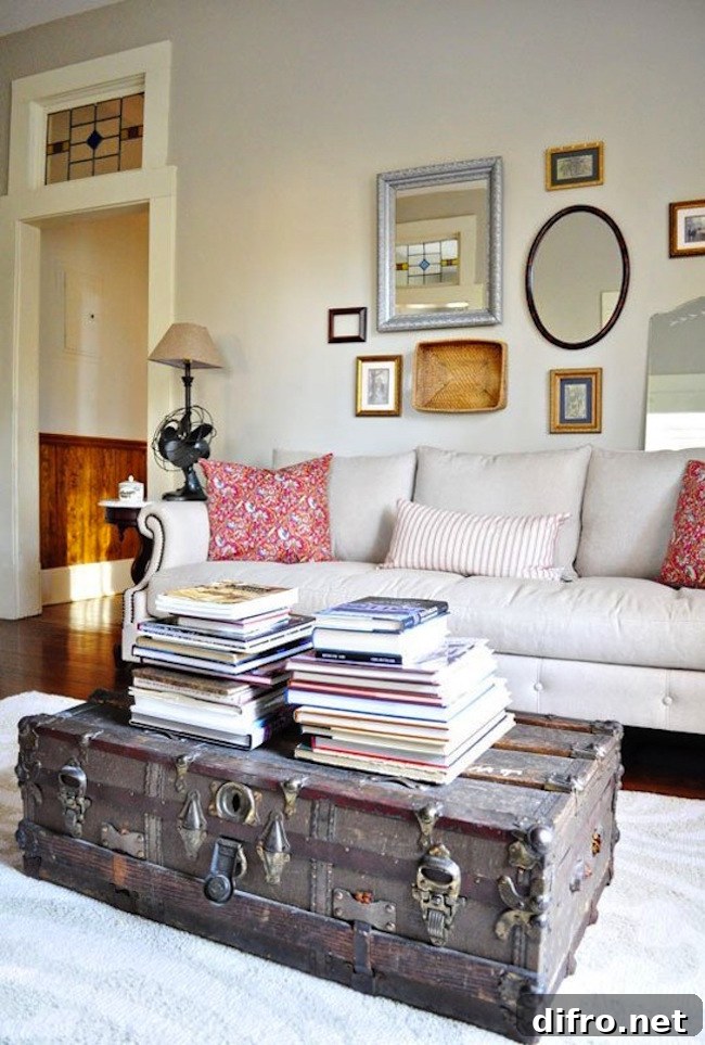 Old trunk coffee table brings some rustic charm to a living room