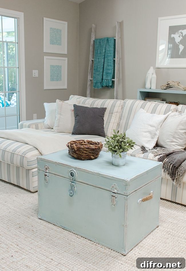 Pastel blue trunk coffee table in living room