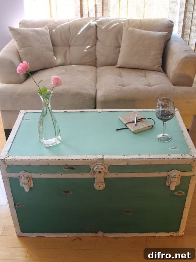 Distressed ombre steamer trunk in teal
