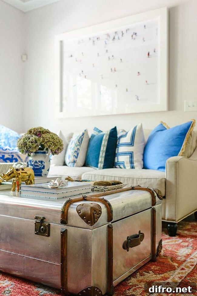 Old tin or metal trunk brings some shine to a living room