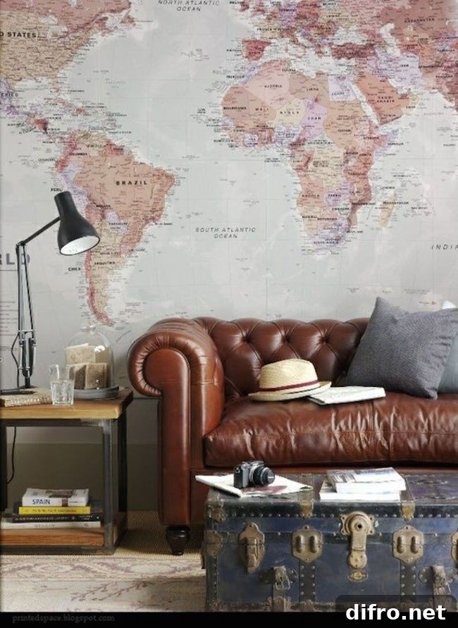 Travel-themed living room with old trunk coffee table