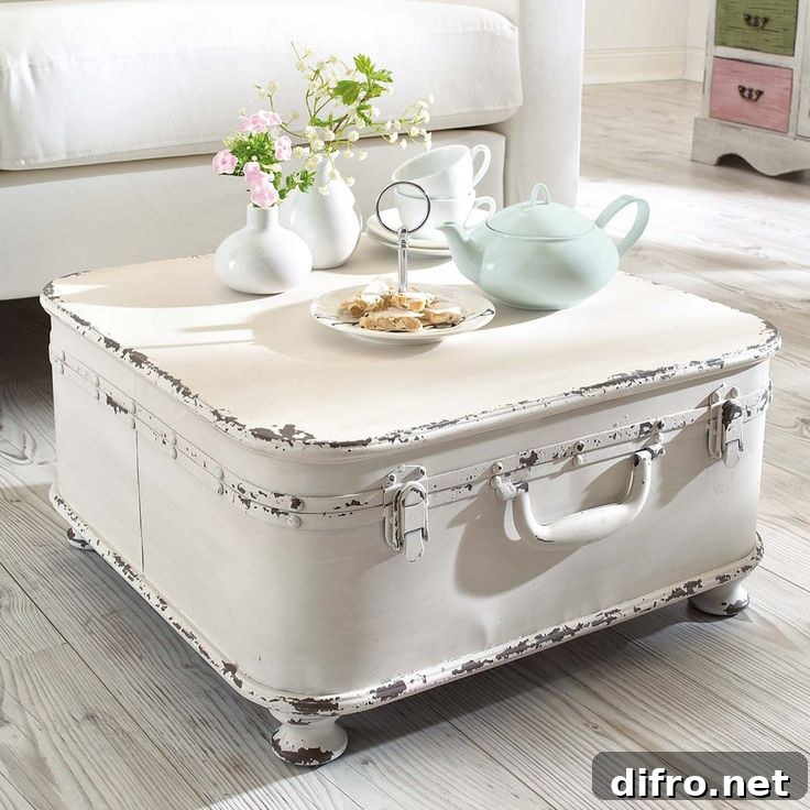 White shabby chic suitcase with feet added to it