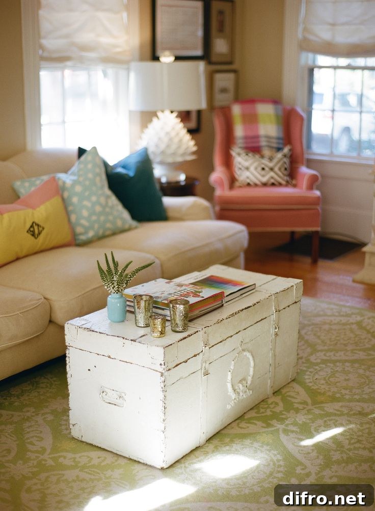 Old worn white/shabby chic trunk coffee table in living room