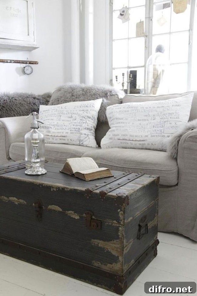 Very dark and weathered trunk used as coffee table