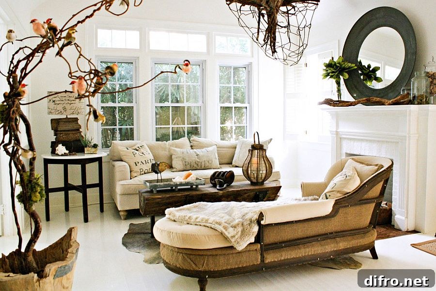 Gorgeous living space celebrates natural textures and vintage decor finds [From: Mina Brinkey Photography]
