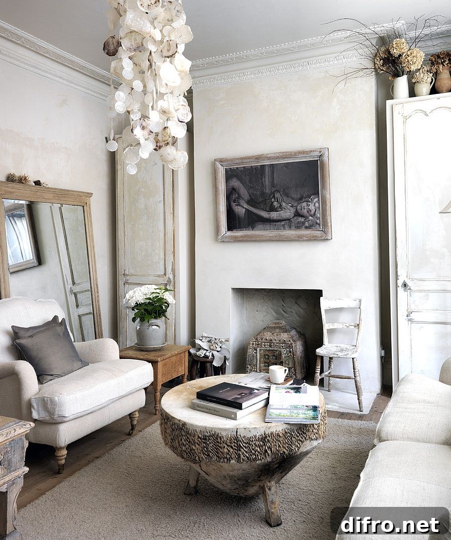 Tree trunk coffee and antique mirror epitomize the shabby chic style of the room [Design: Liz Bauwens and Alexandra Campbell]