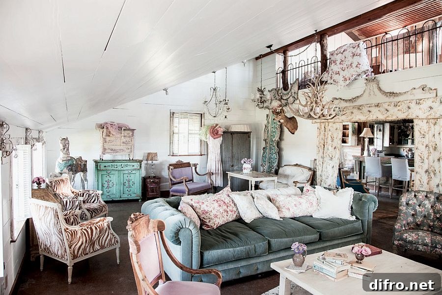 Cozy living room with slanted roof and vintage décor [Photography: Amy Neunsinger]