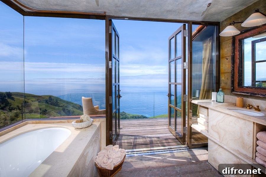 Stunning Tuscan style bathroom overlooks the mesmerizing Big Sur coastline [From: Decker Bullock Sotheby's International Realty]