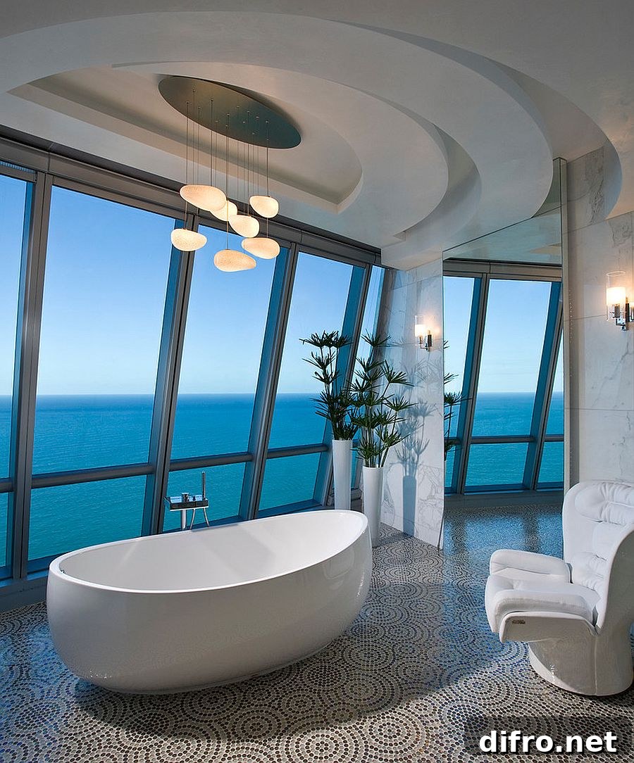 Luxurious contemporary bathroom of posh Miami residence with ocean view [Design: Pfuner Design]
