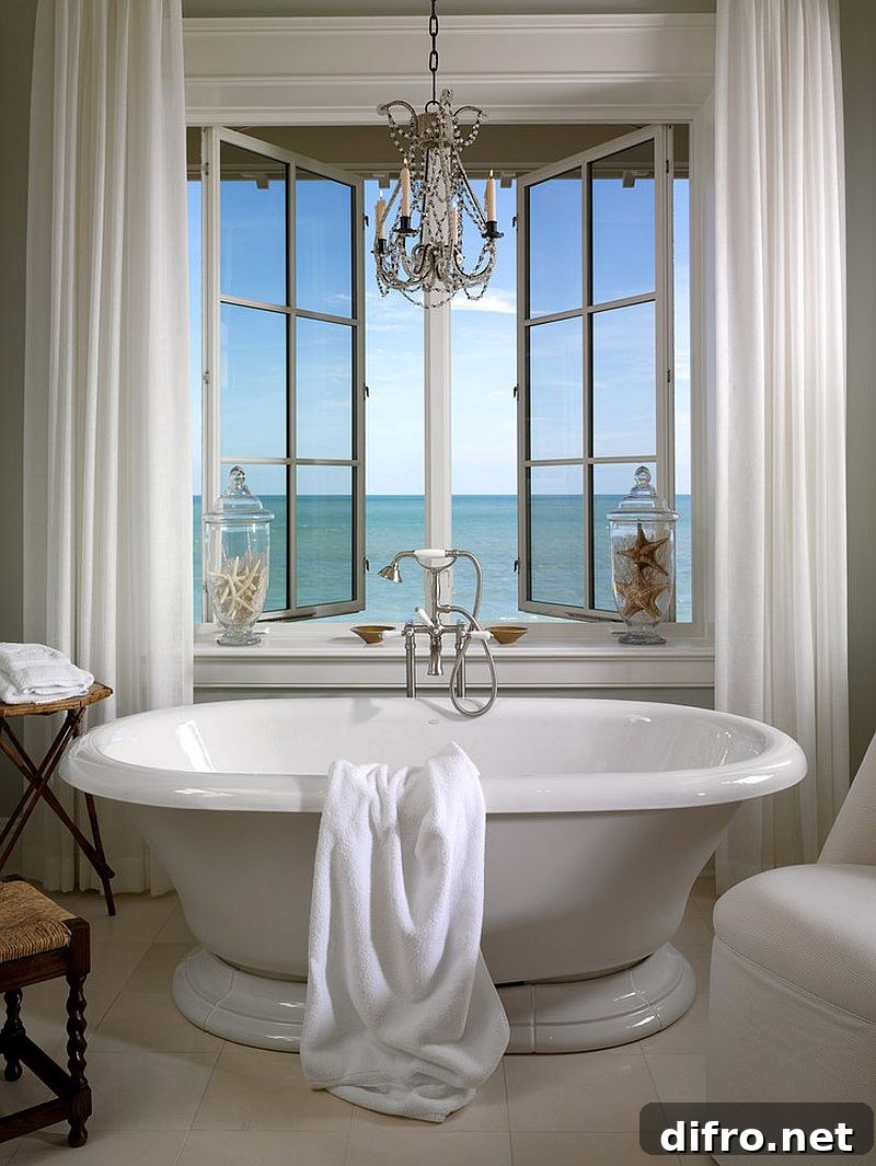 Vintage freestanding bathtub next to the window with sea view [Design: Jill Shevlin Design]