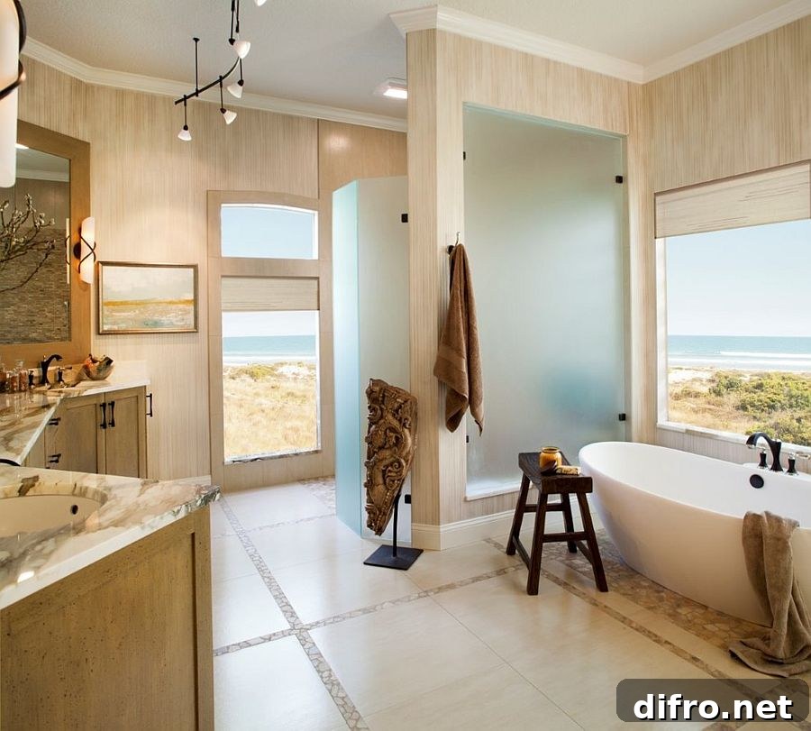 Soaking bathtub and shower shape a spa-styled bath [Design: H. Stern Interiors]