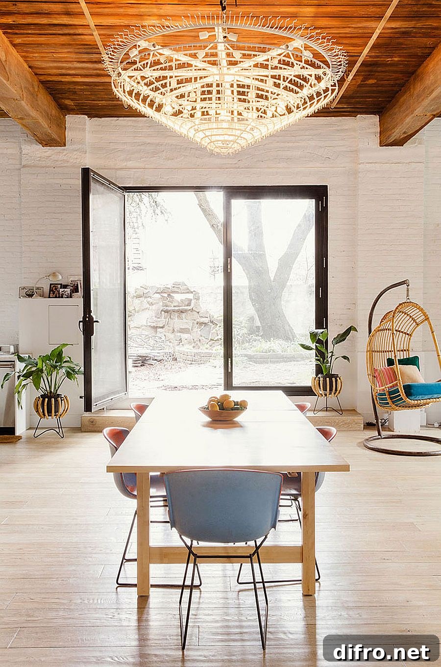 Brick walls and woodsy ceiling of industrial loft in New York