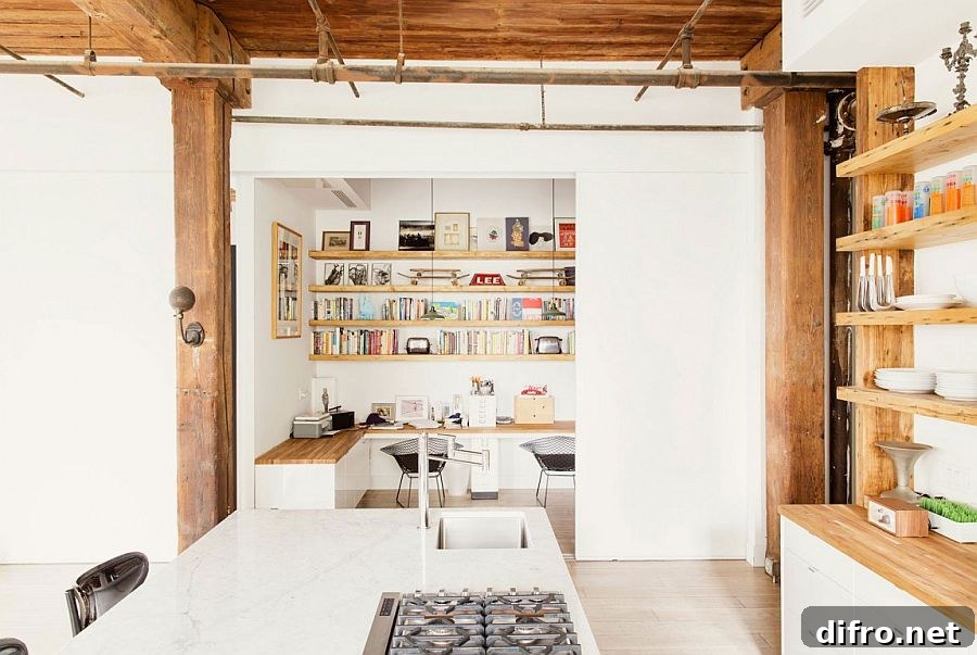 Sliding door connects the home office with the high-end kitchen