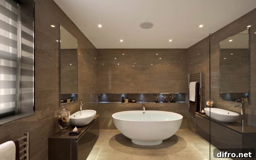 Recessed ceiling lights in a modern bathroom