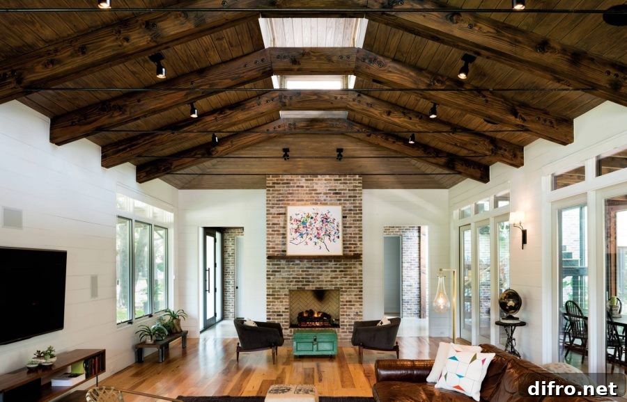 Ceiling spotlights in a modern eclectic living room