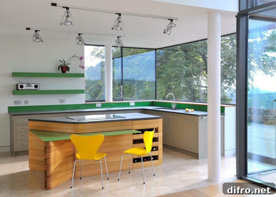 Spotlights in a kitchen with green accents