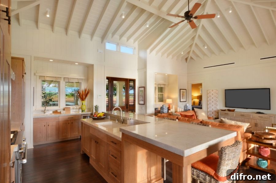 White ceiling spotlights in a kitchen with tropical accents