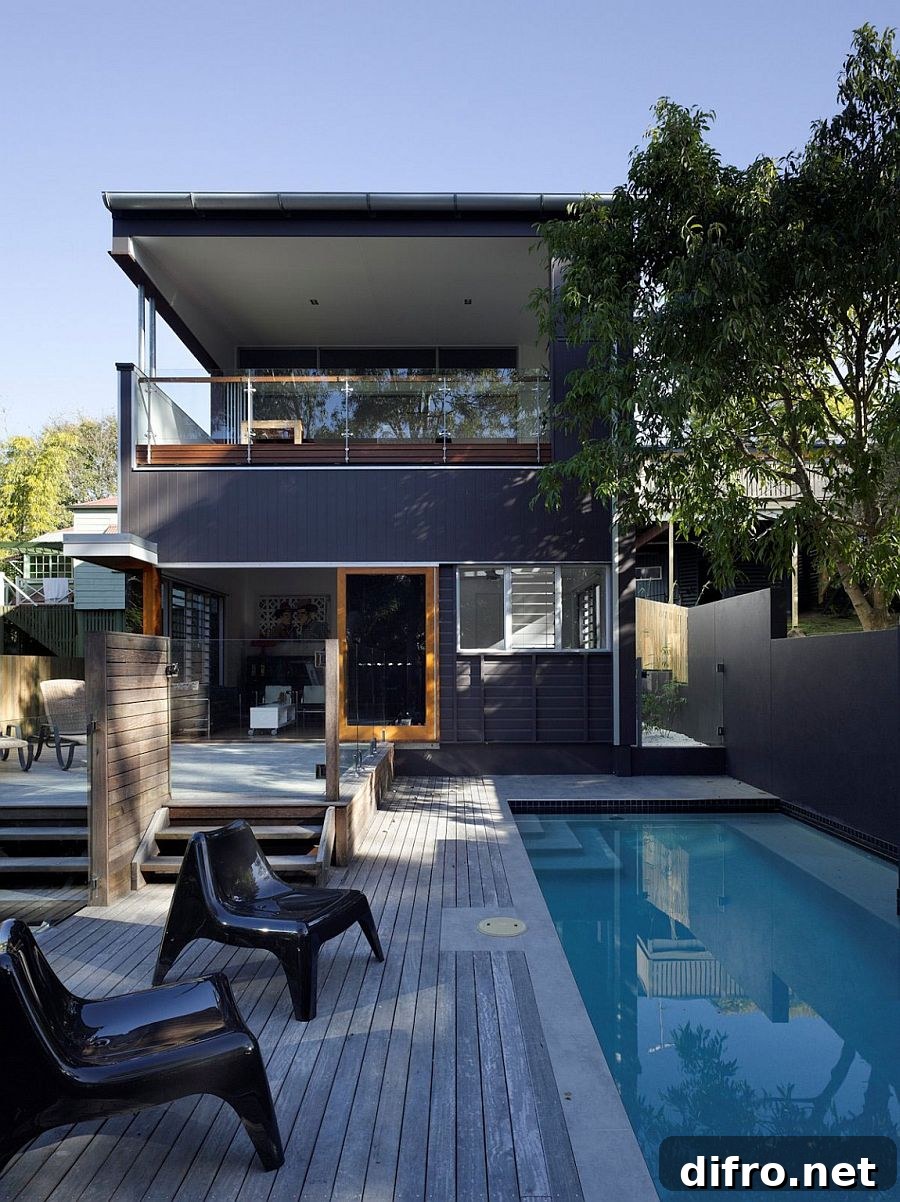 Pool deck and a relaxing outdoor lounge for the space-savvy suburban home