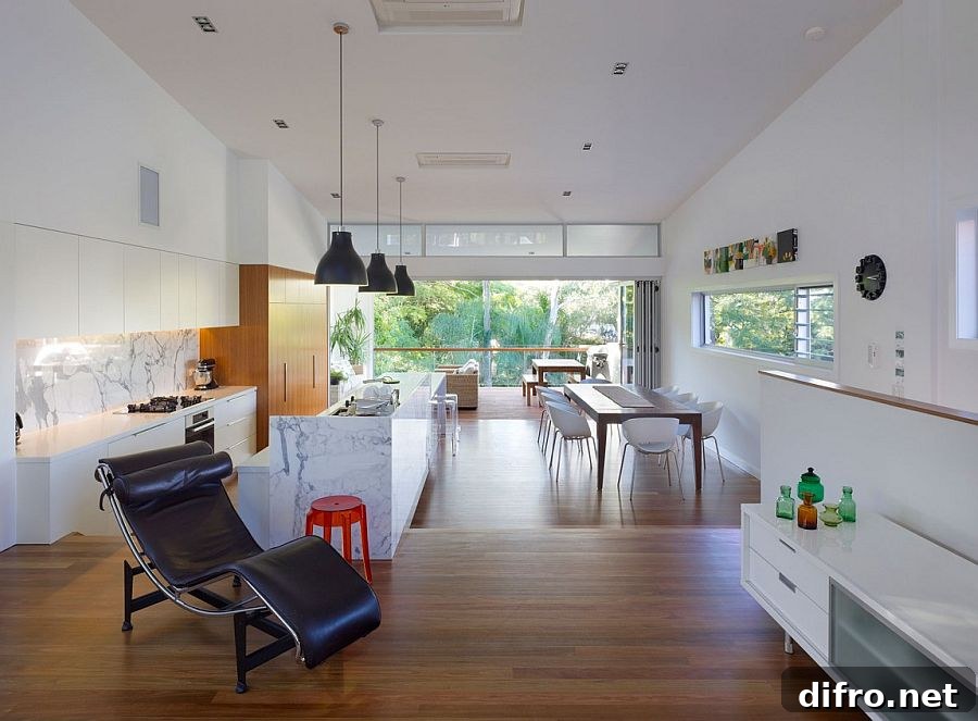 Living area, kitchen, dining space and family zone connected as one inside the lovely Aussie home