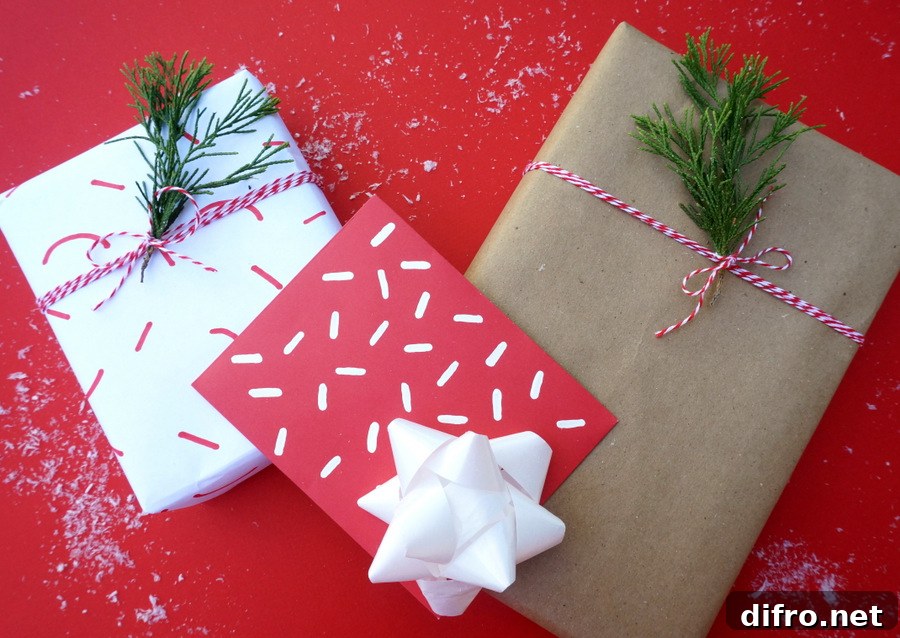 Festive gift wrap with baker's twine and greenery