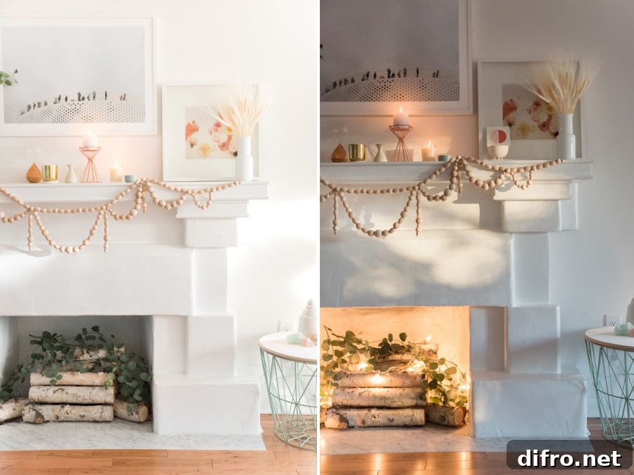 Glowing fireplace with a beaded garland from Design Love Fest