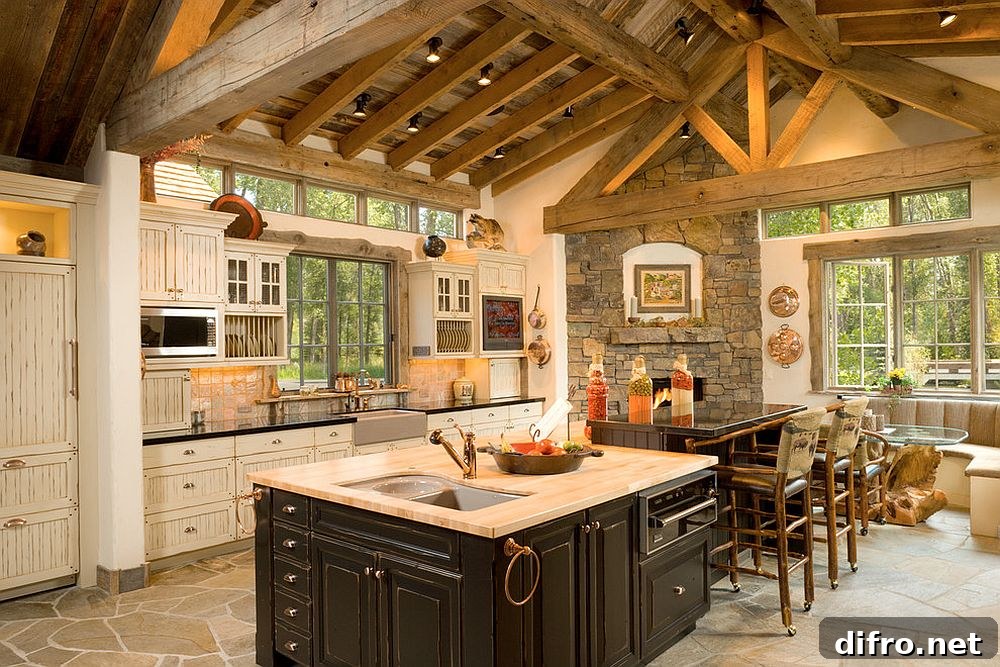 Charming rustic kitchen in timber and stone